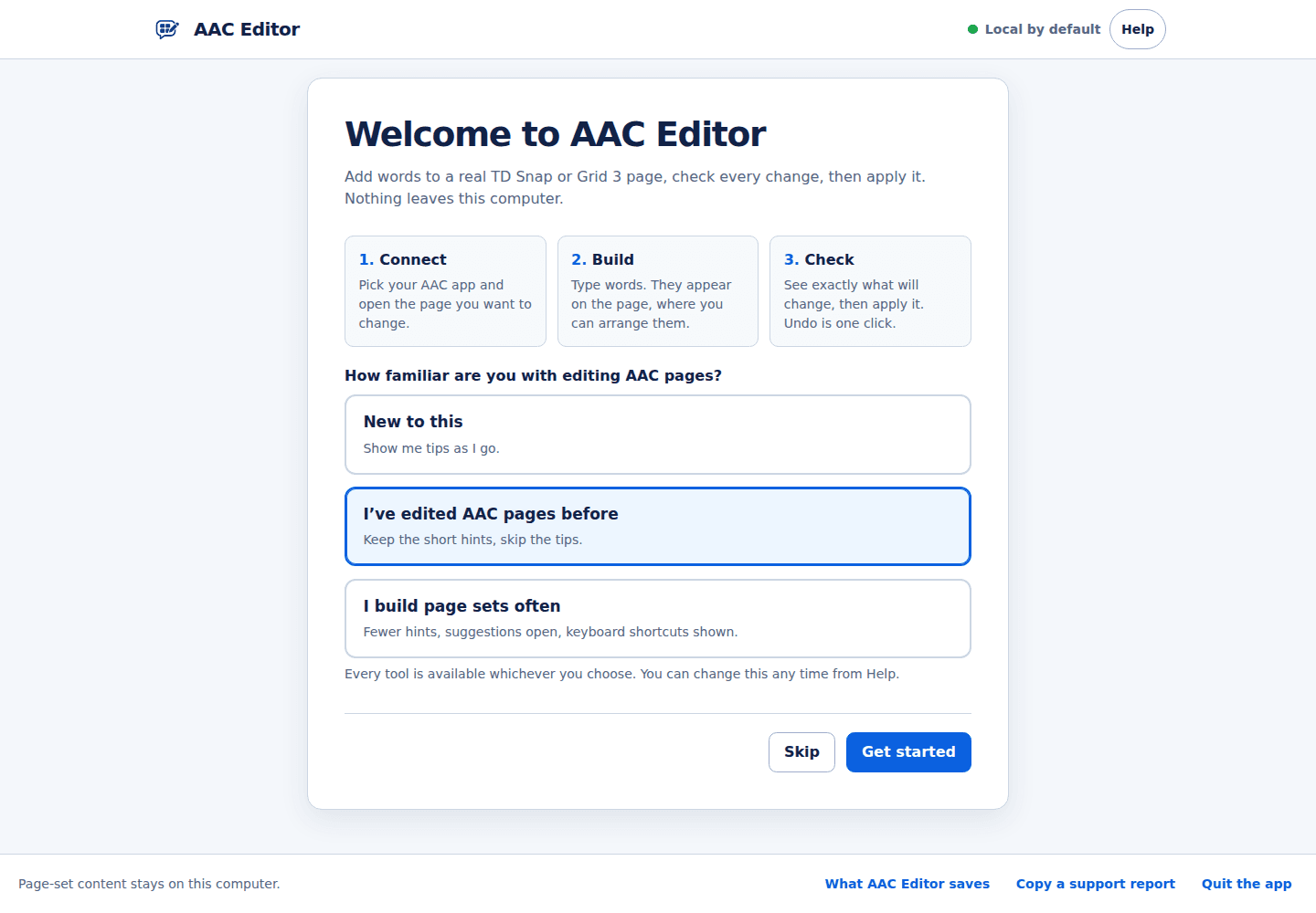 The AAC Editor welcome screen, showing the three steps: connect, build, and check